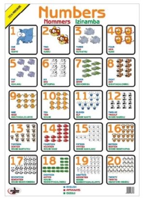 Numbers 1-20 Poster (in English, Afrikaans, and Zulu)